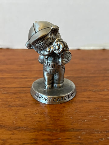 Avon Fine Pewter Teddy Bear 3” Figurine “Report Card Day” Flowers 1994 Statue